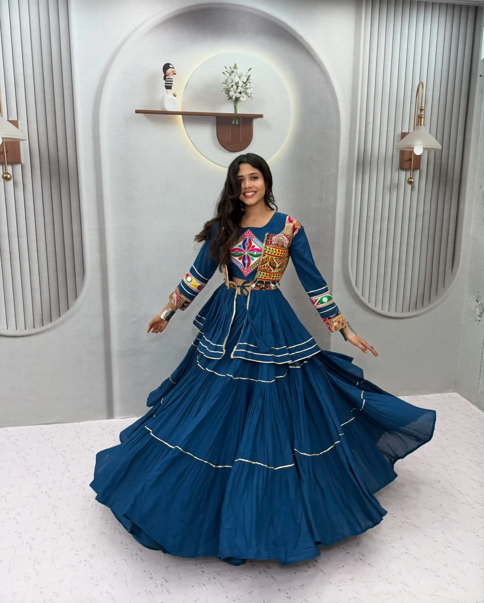 Super Teal Cotton Mirror Gamthi Work Lehenga Choli - Image 3