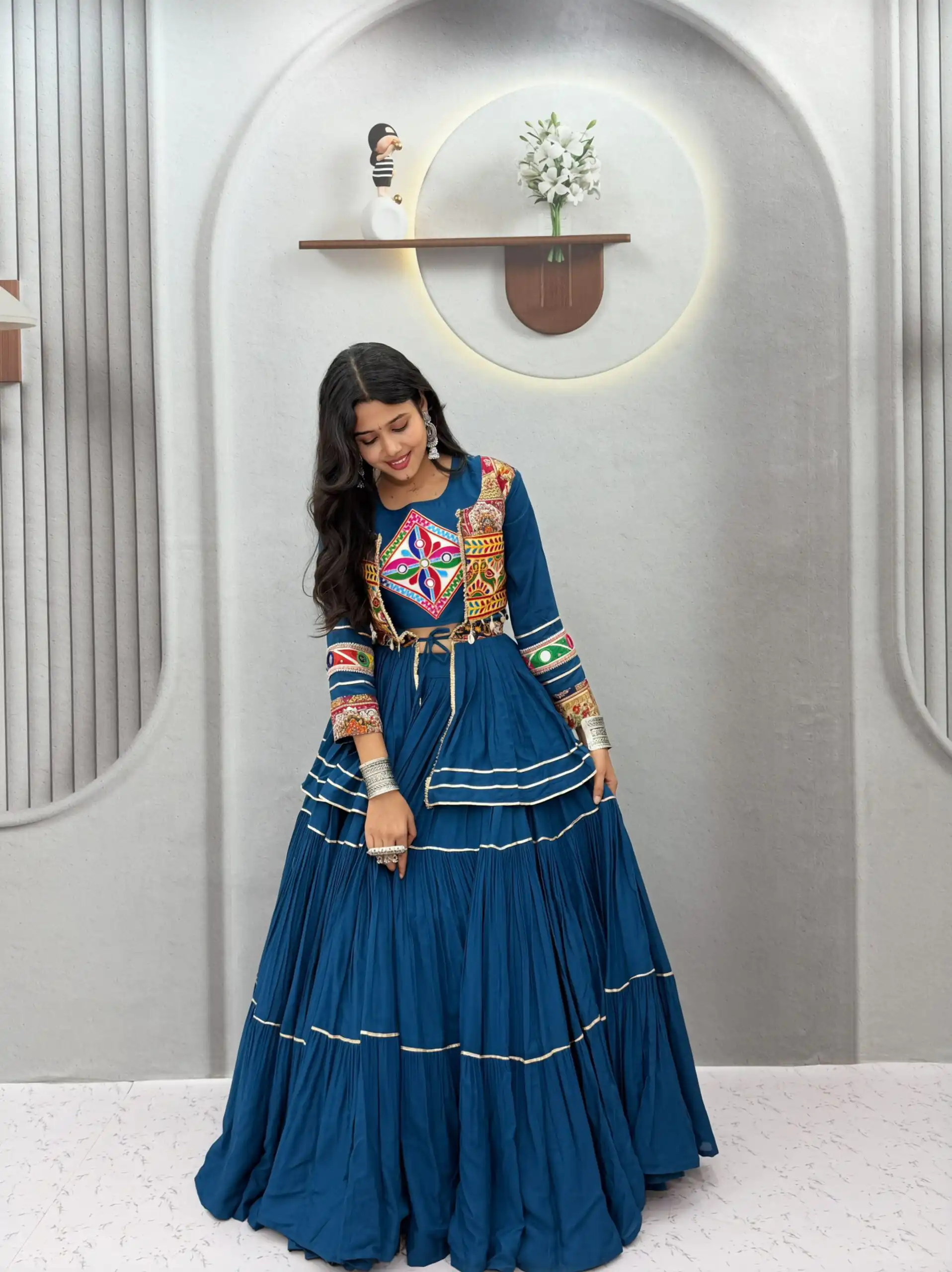 Super Teal Cotton Mirror Gamthi Work Lehenga Choli - Image 2