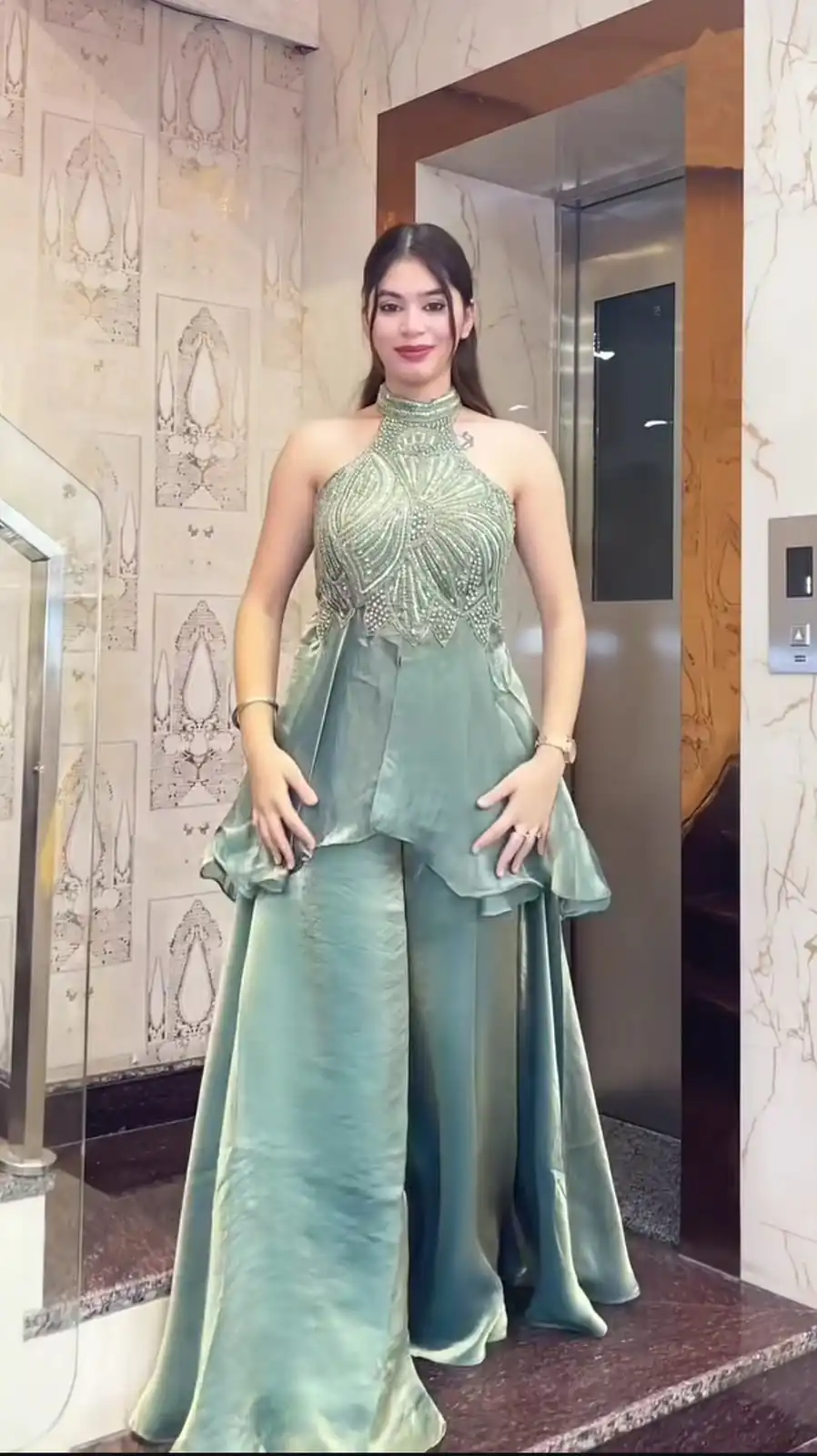 Super Teal Fendy Silk Bids Hand Work Salwar Suit - Image 4