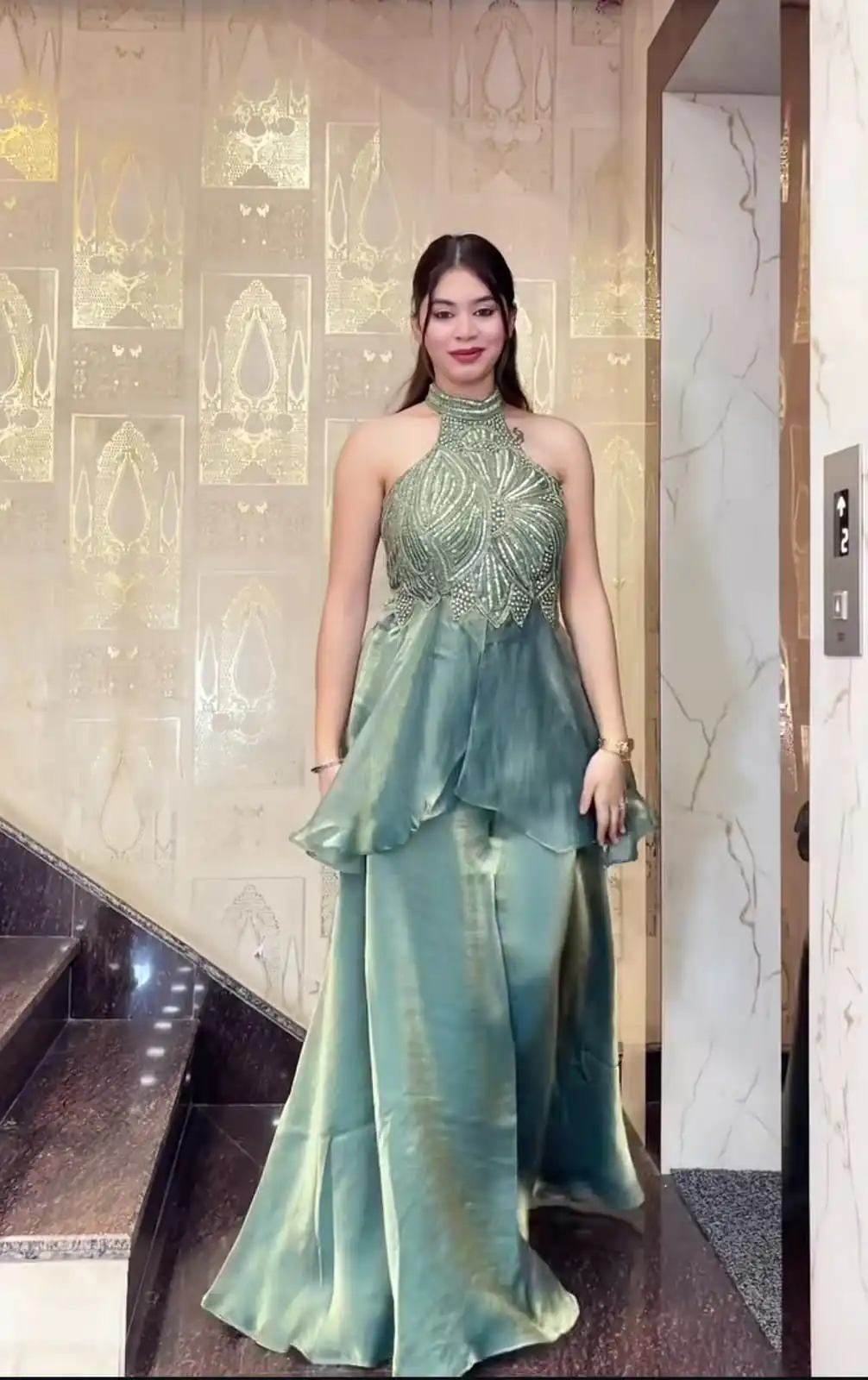 Super Teal Fendy Silk Bids Hand Work Salwar Suit - Image 2