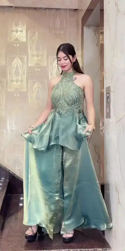 Super Teal Fendy Silk Bids Hand Work Salwar Suit