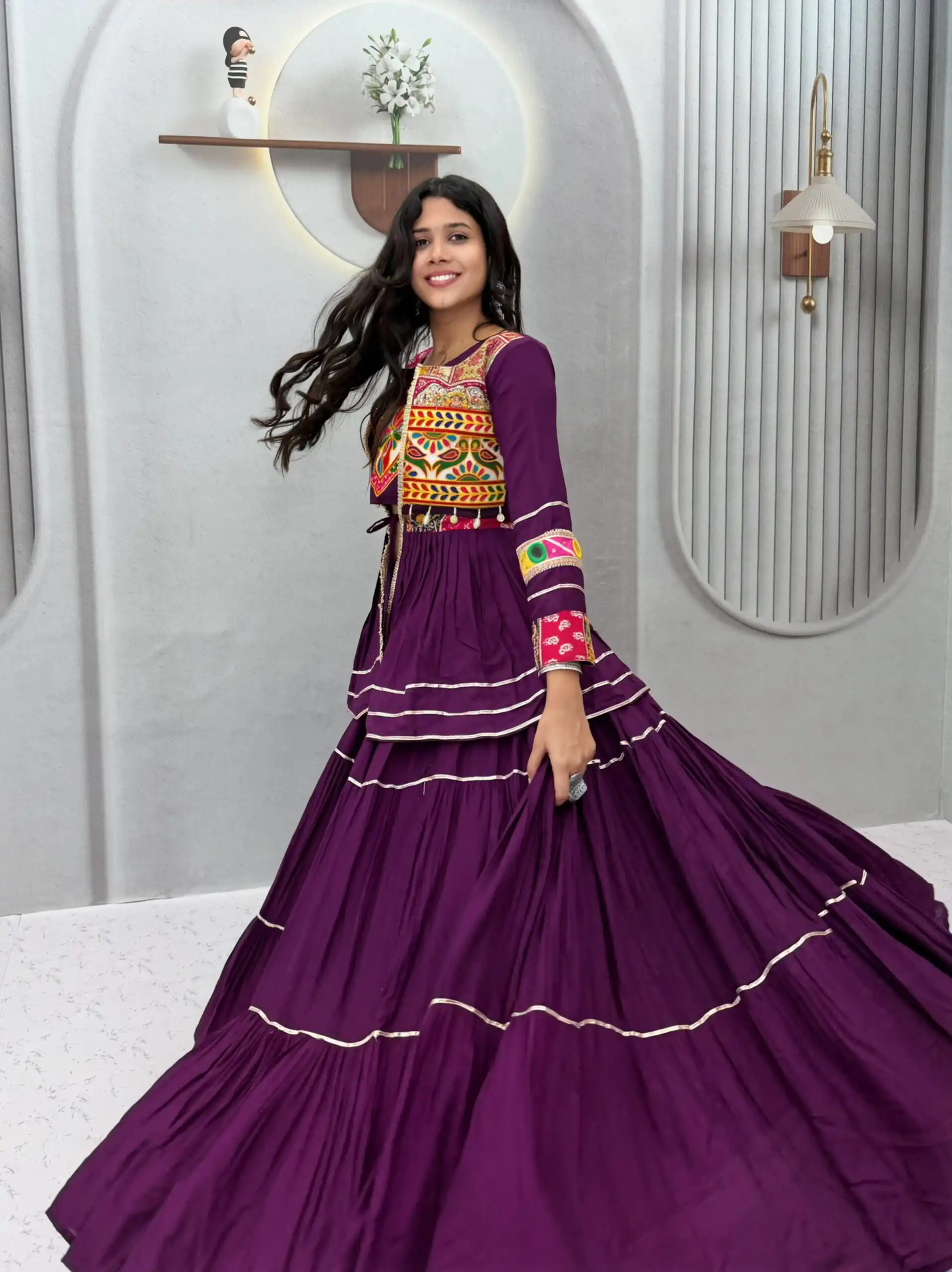 Super Wine Pure Cotton Mirror Gamthi Work Lehenga Choli - Image 5