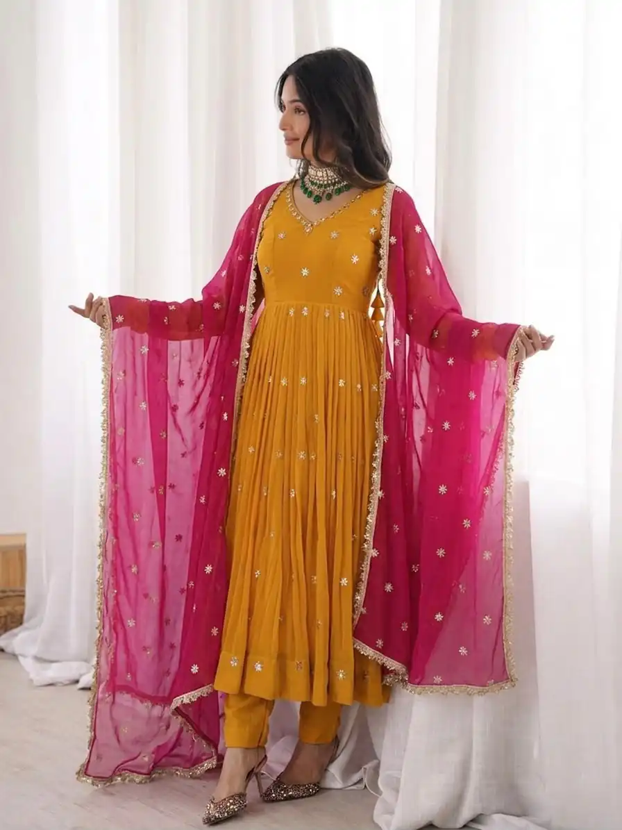 Super Yellow Faux Georgette Embroidery Work Salwar Suit - Image 2