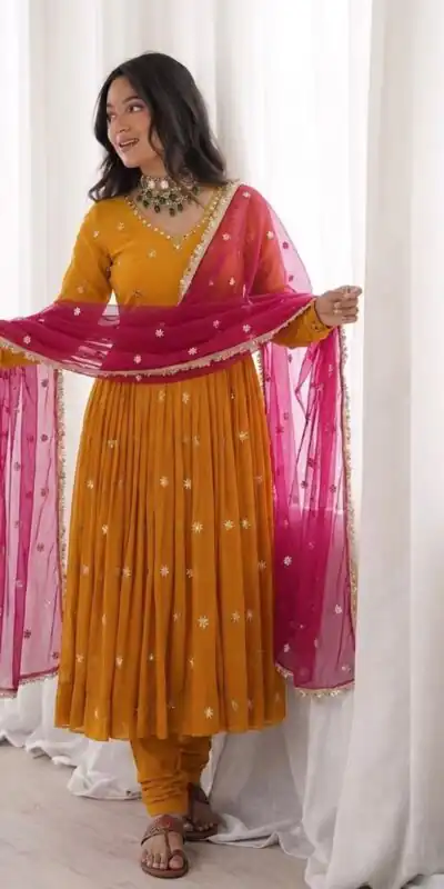 Super Yellow Faux Georgette Embroidery Work Salwar Suit