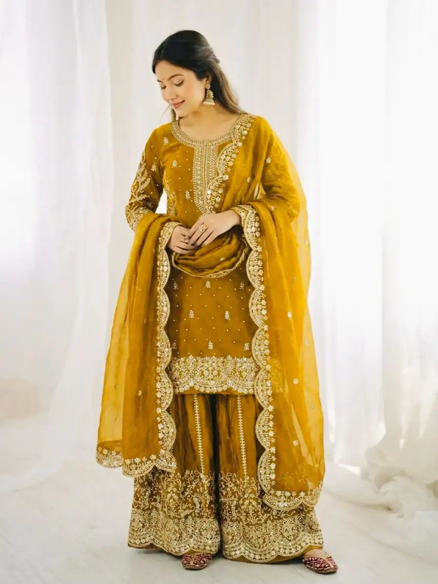 Super Yellow Fendy Silk Embroidery Work Salwar Suit - Image 2