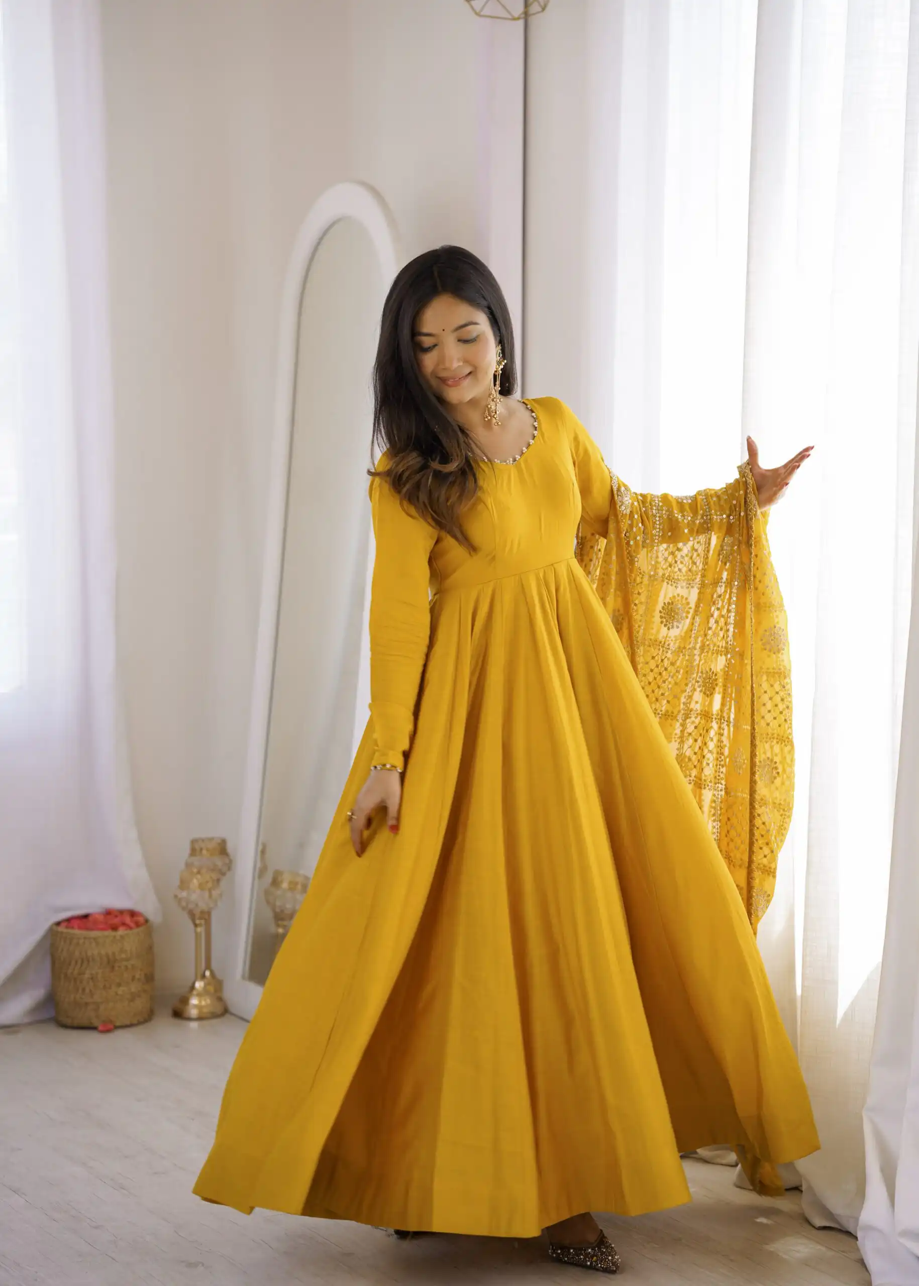 Super Yellow Roman Silk Chanderi Lace Work Anarkali Suit - Image 6