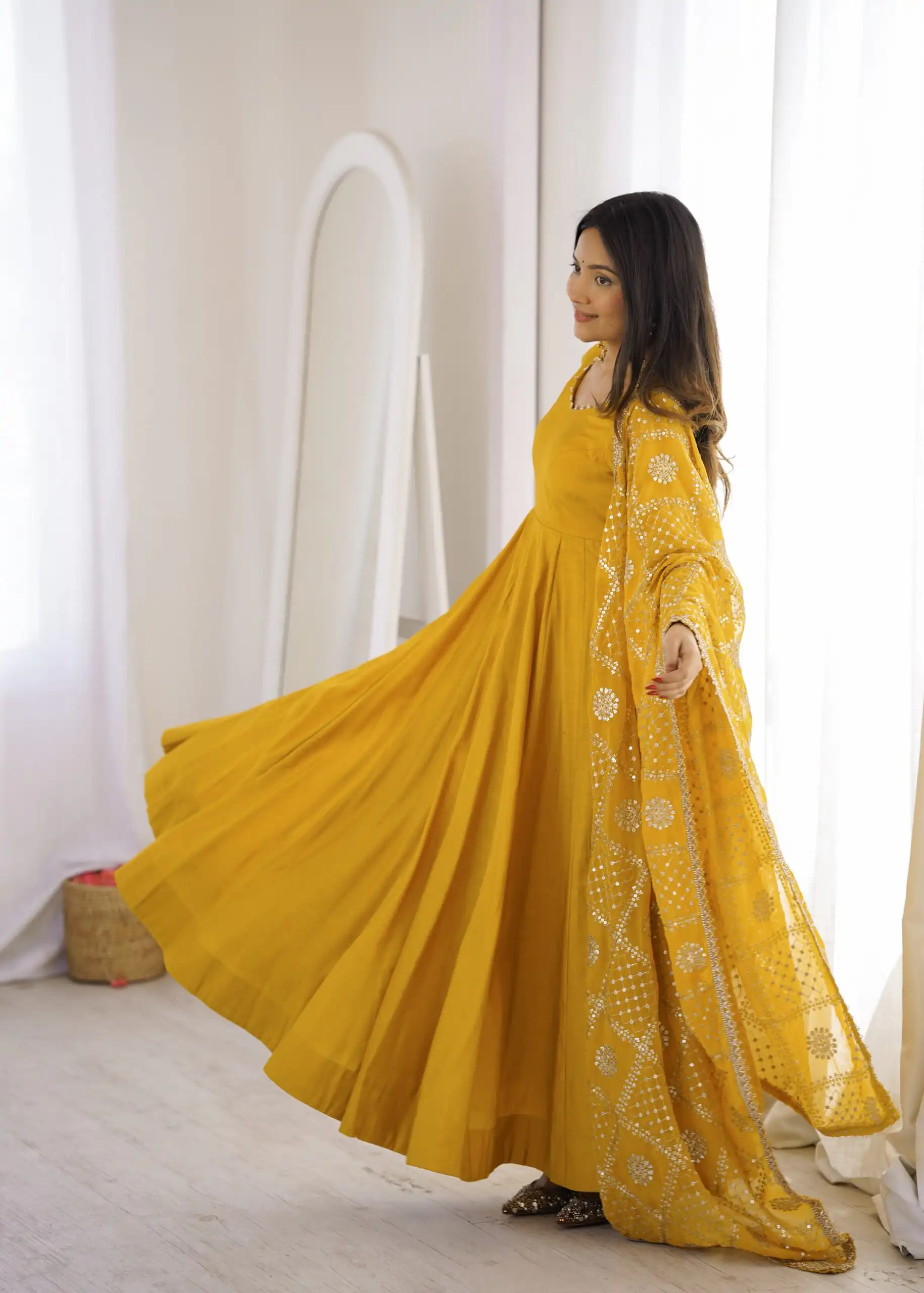 Super Yellow Roman Silk Chanderi Lace Work Anarkali Suit - Image 4