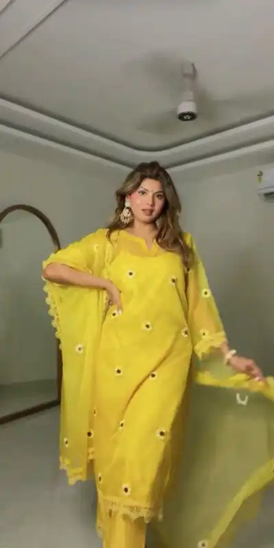 Super Yellow Soft Nylon Organza Thread Work Salwar Suit