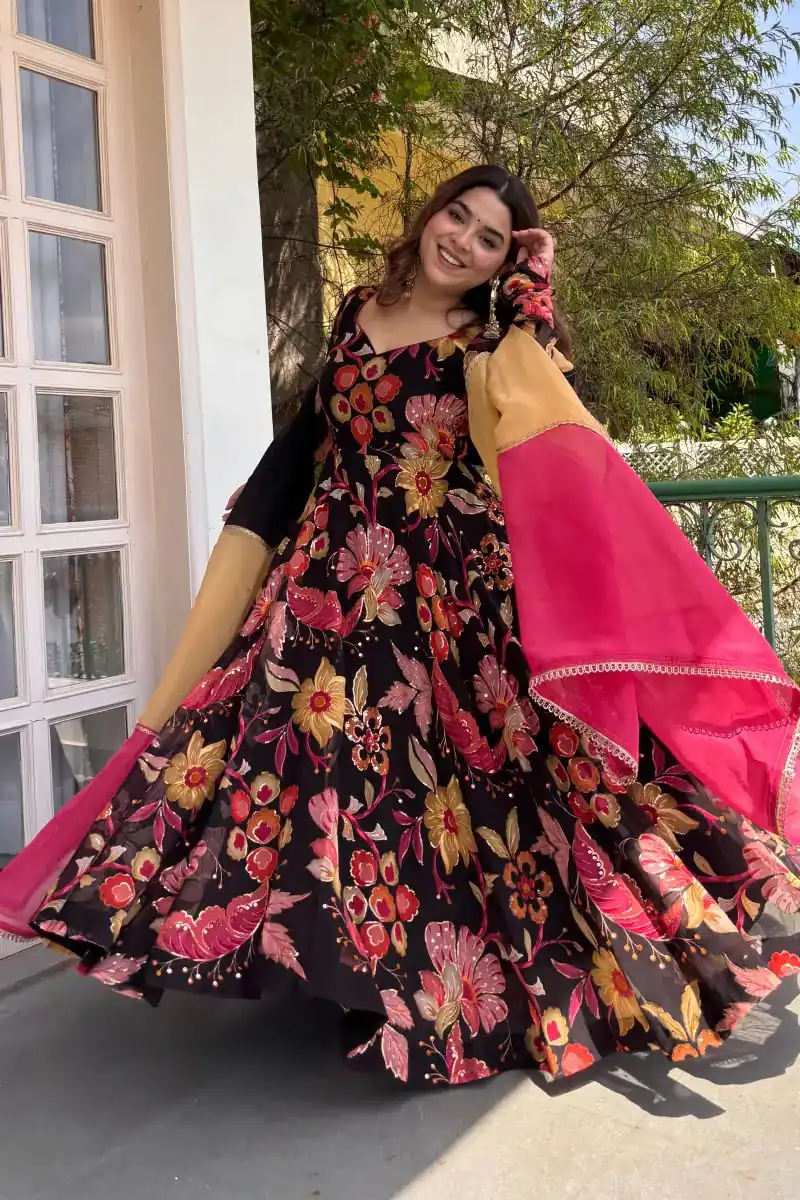 Trendy Black Tabby Organza Digital Print Work Anarkali Suit - Image 5