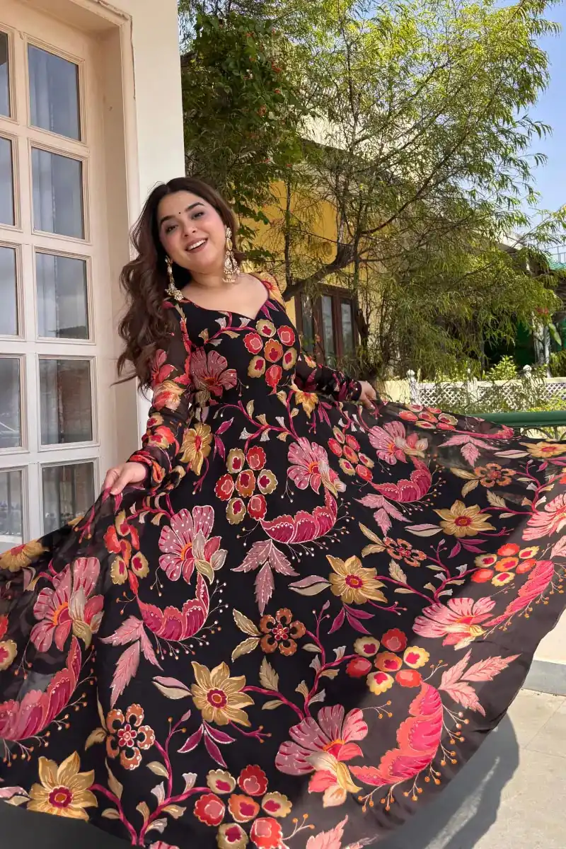 Trendy Black Tabby Organza Digital Print Work Anarkali Suit - Image 3