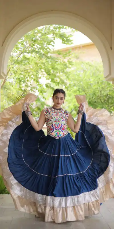 Trendy Blue Rayon Embroider Kutchi Work Lehenga Choli
