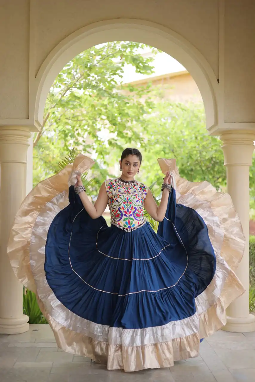 Trendy Blue Rayon Embroider Kutchi Work Lehenga Choli