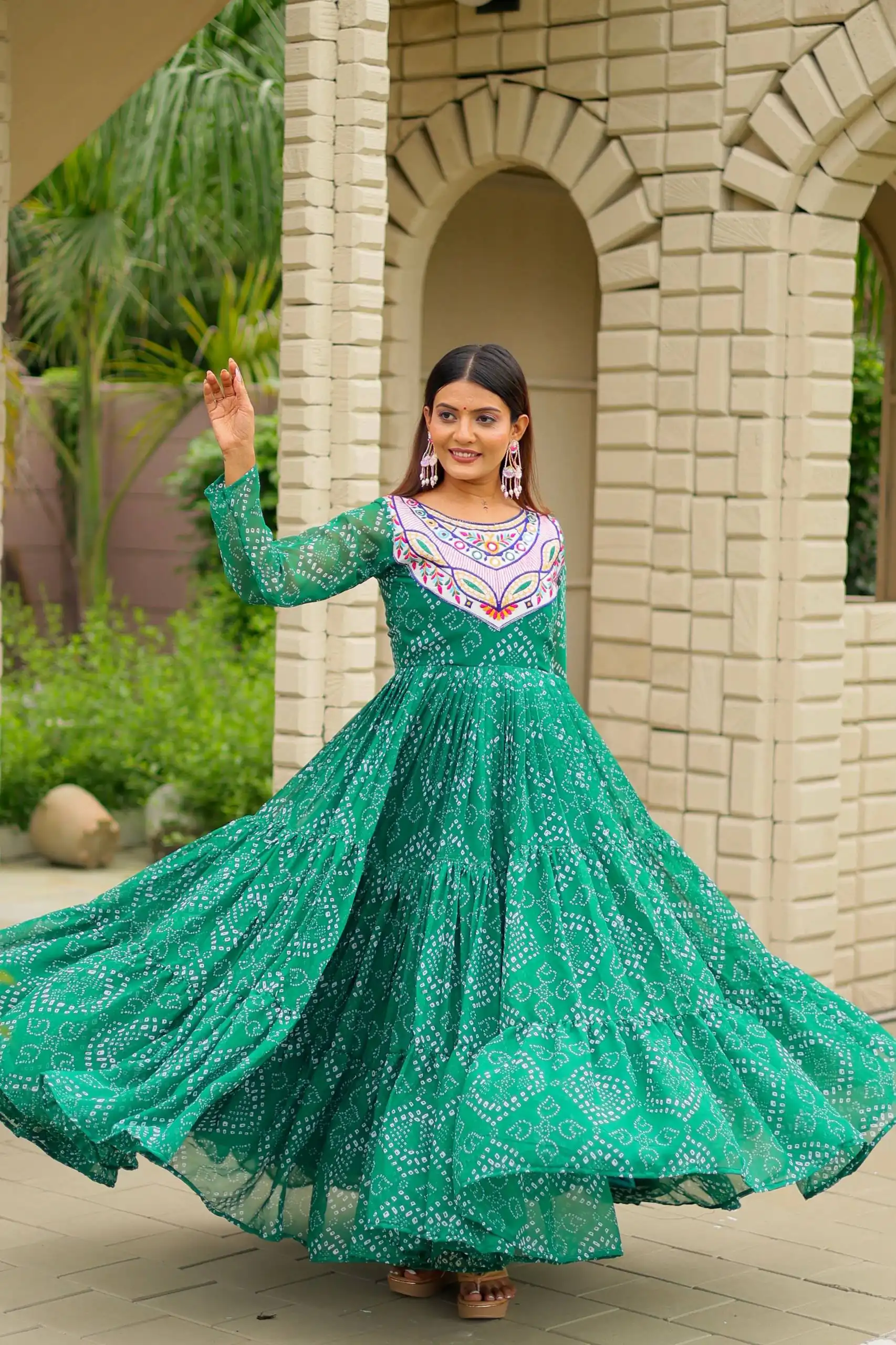 Trendy Green Faux Georgette Bandhani Thread Work Gown - Image 5
