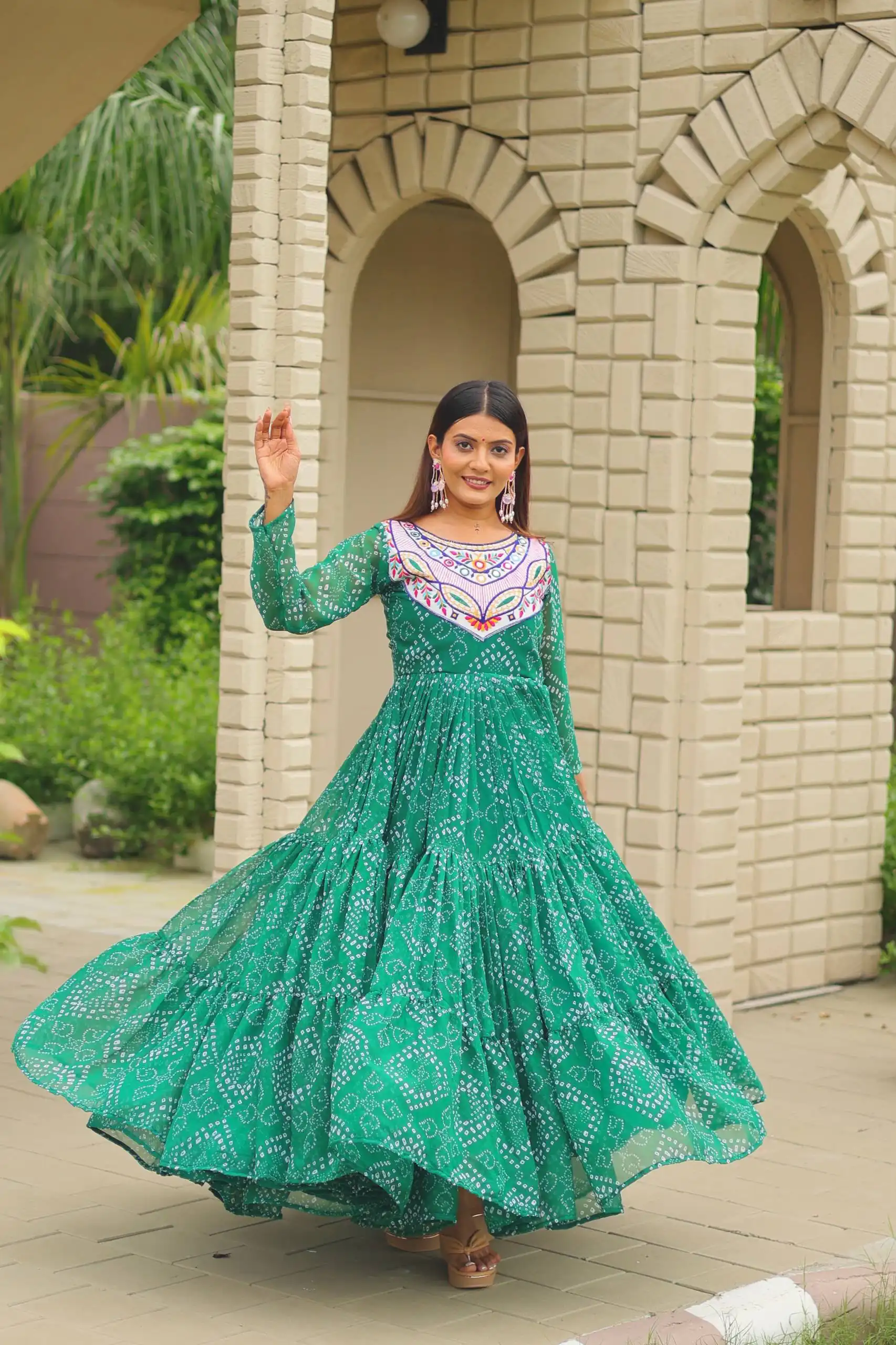 Trendy Green Faux Georgette Bandhani Thread Work Gown - Image 3
