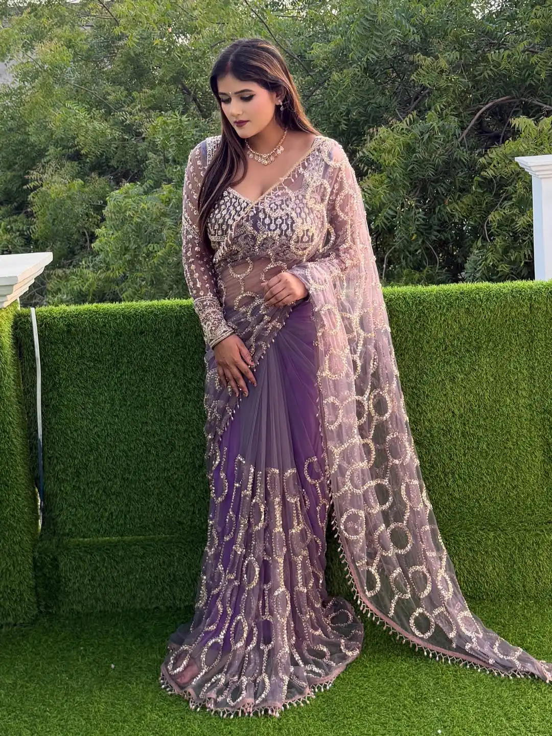Trendy Lavender Butterfly Net Sequence Work Saree - Image 2