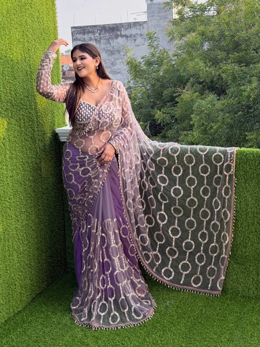 Trendy Lavender Butterfly Net Sequence Work Saree
