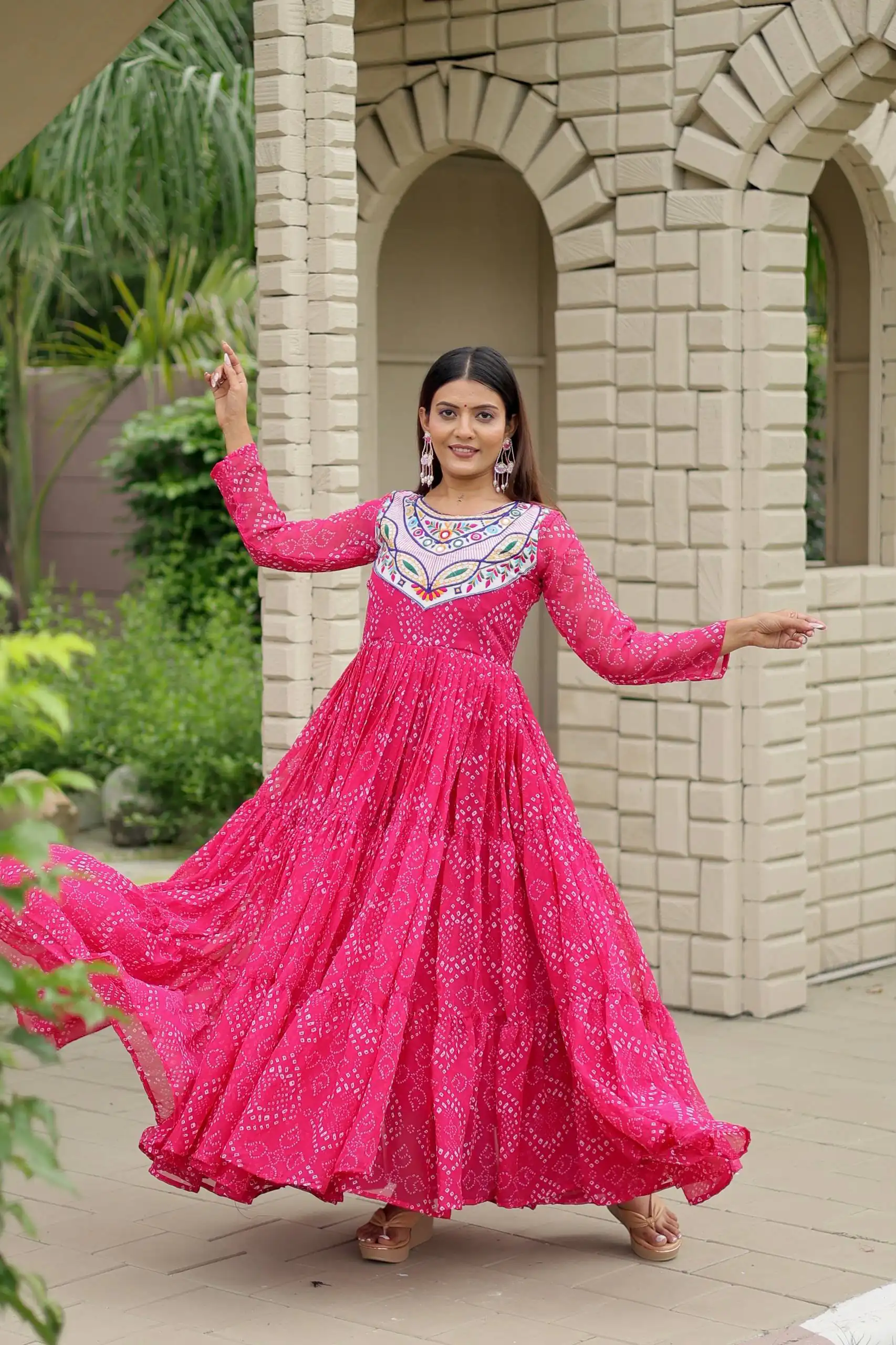 Trendy Pink Faux Georgette Bandhani Thread Work Gown - Image 5