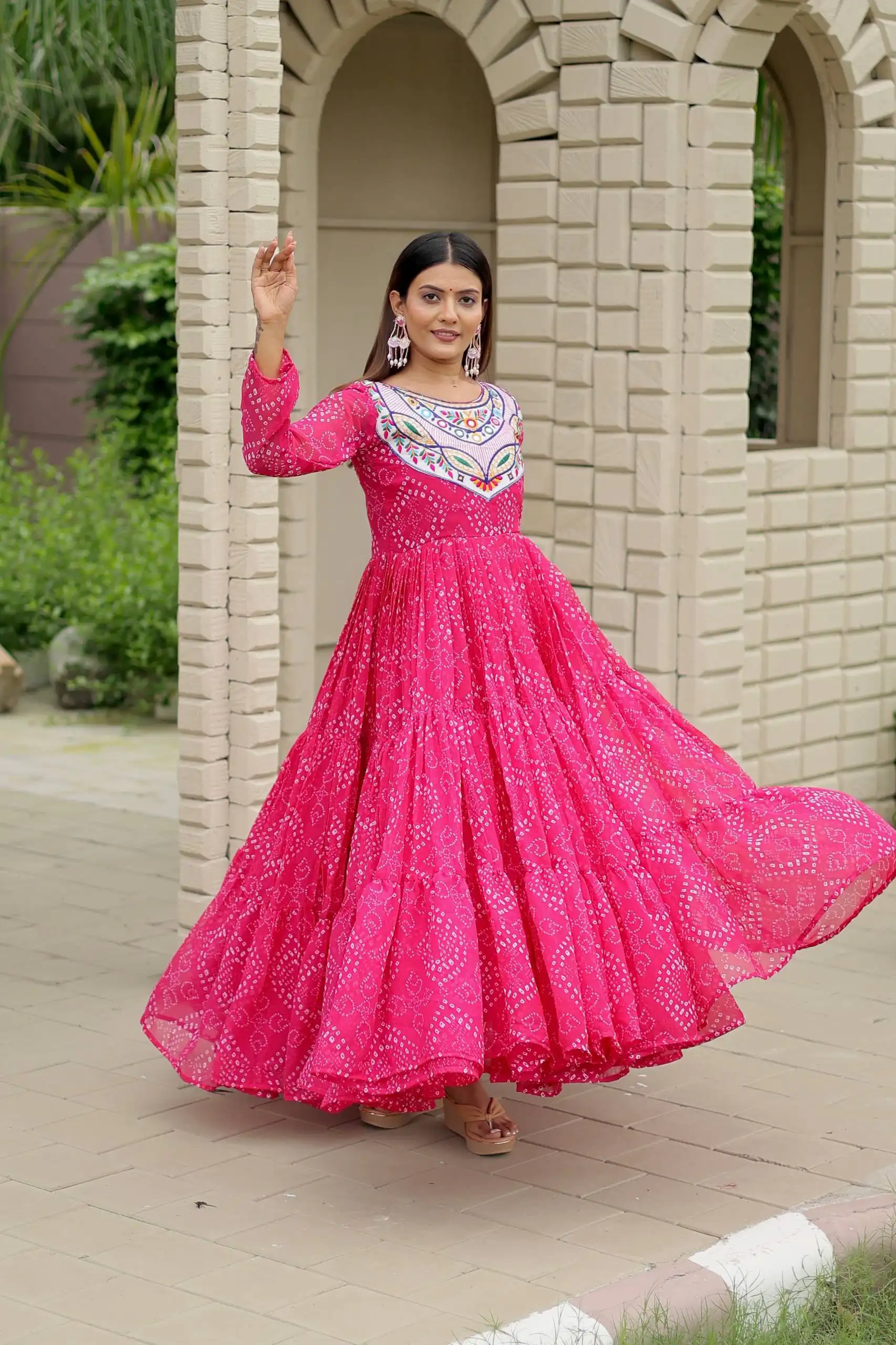 Trendy Pink Faux Georgette Bandhani Thread Work Gown - Image 4