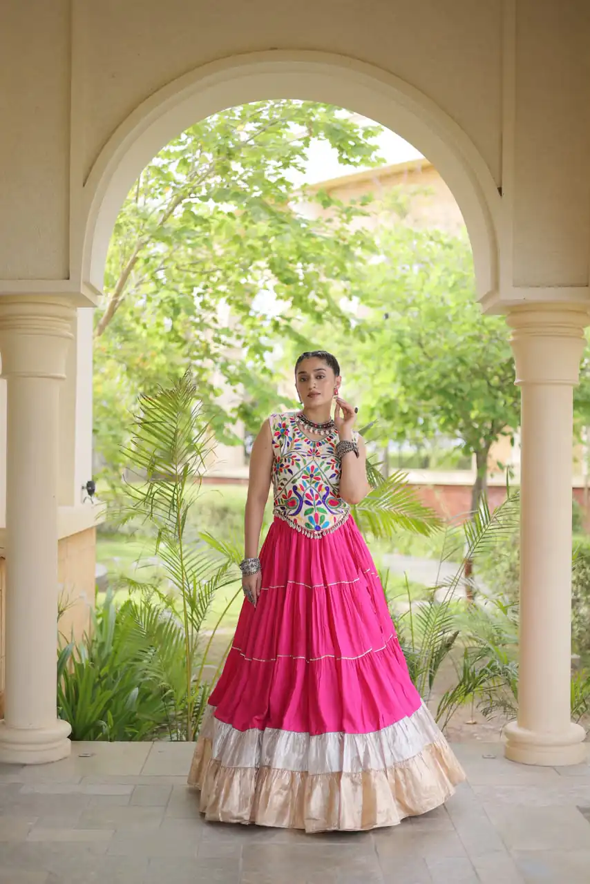 Trendy Pink Rayon Embroider Kutchi Work Lehenga Choli - Image 3