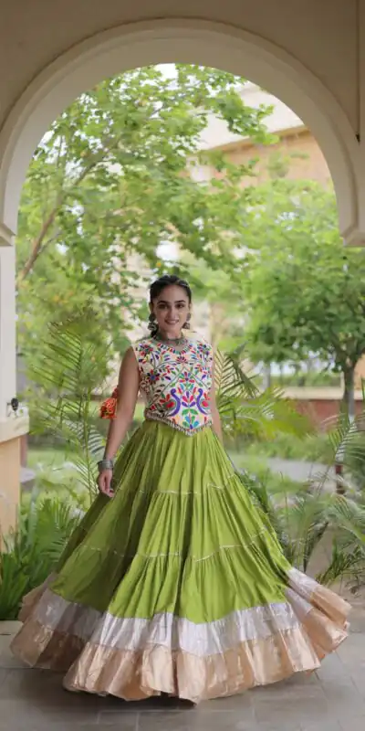 Trendy Pista Rayon Embroider Kutchi Work Lehenga Choli