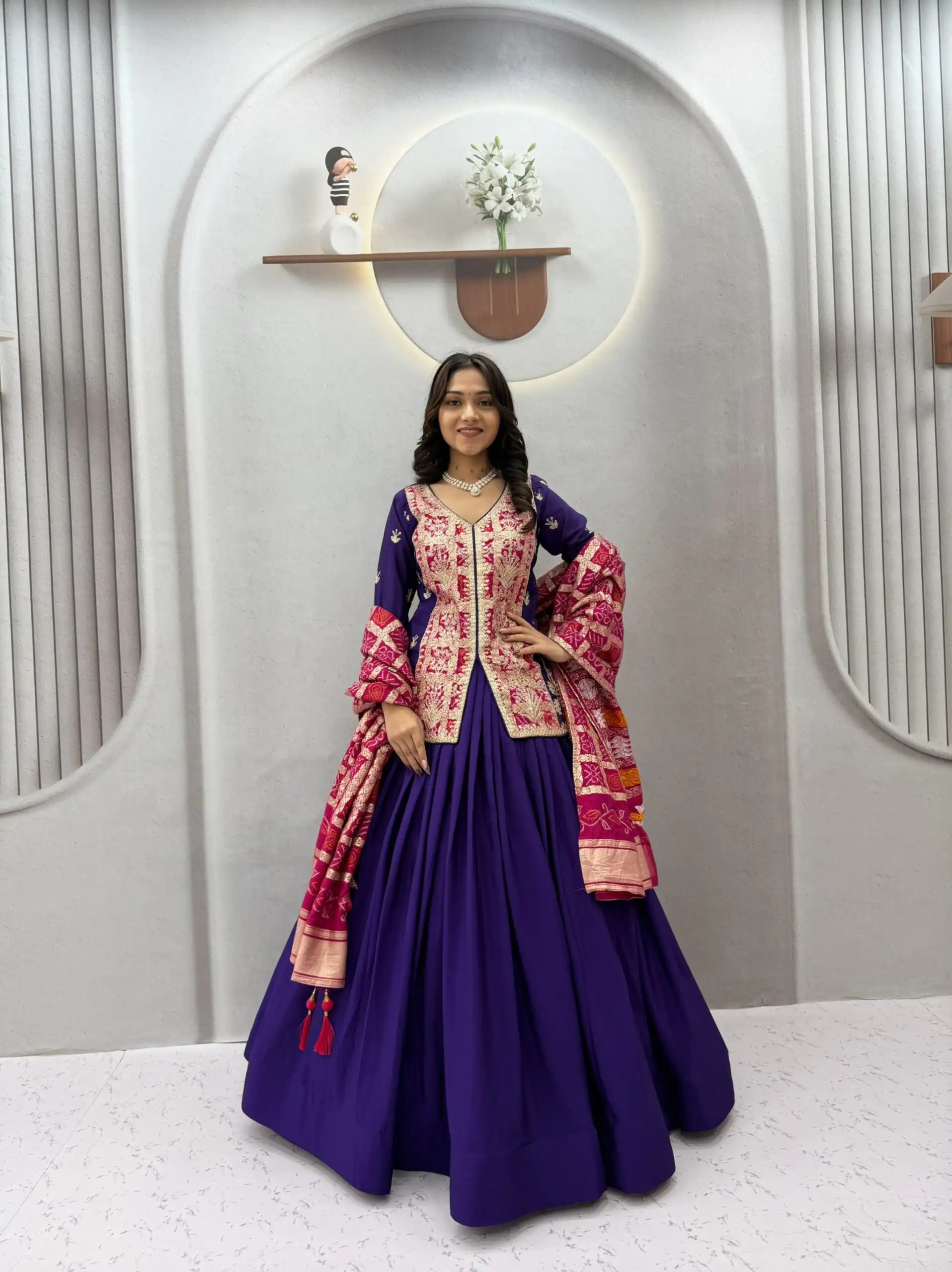 Trendy Purple Chinon Silk Thread Work Lehenga Choli - Image 2