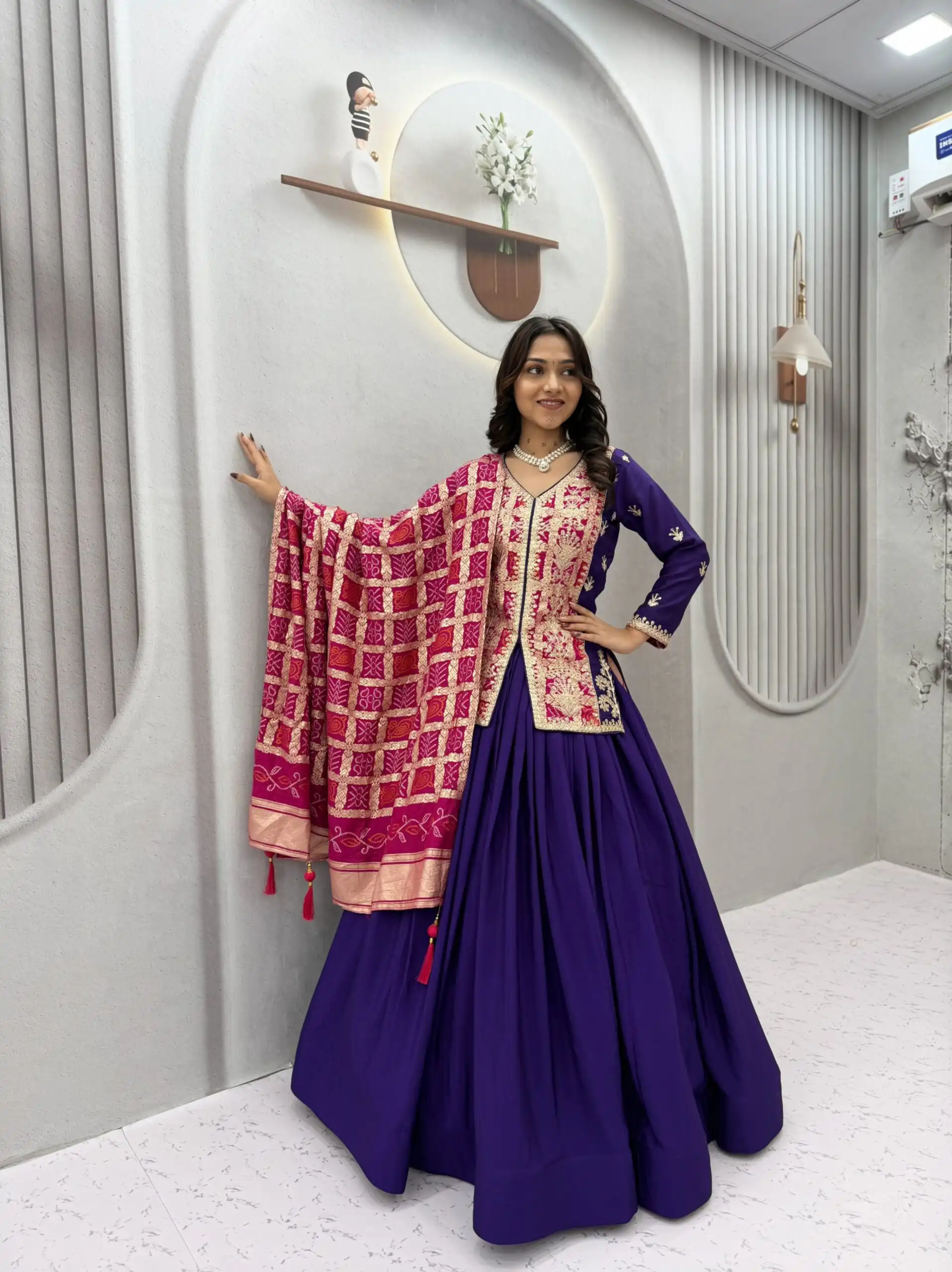 Trendy Purple Chinon Silk Thread Work Lehenga Choli