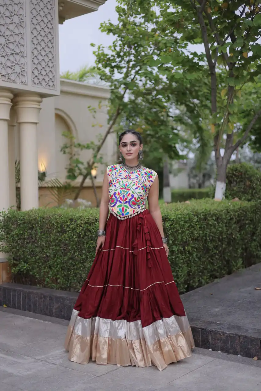 Trendy Red Rayon Embroider Kutchi Work Lehenga Choli