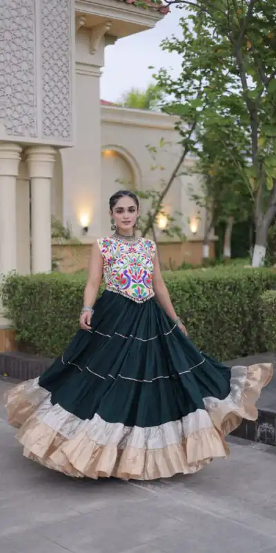 Trendy Teal Rayon Embroider Kutchi Work Lehenga Choli