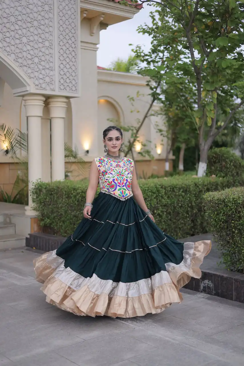 Trendy Teal Rayon Embroider Kutchi Work Lehenga Choli