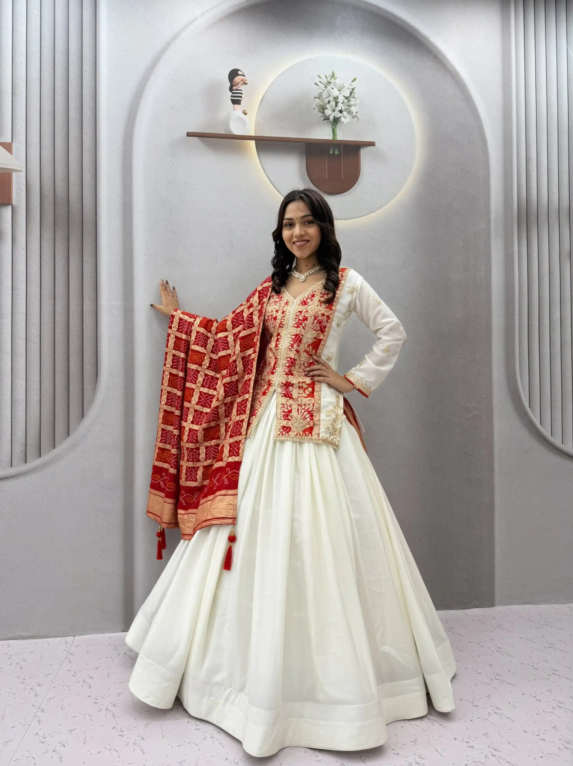 Trendy White Chinon Silk Thread Work Lehenga Choli - Image 2
