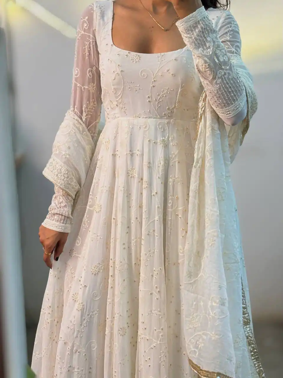 Trendy White Slim Georgette Sequins Work Anarkali Suit - Image 4