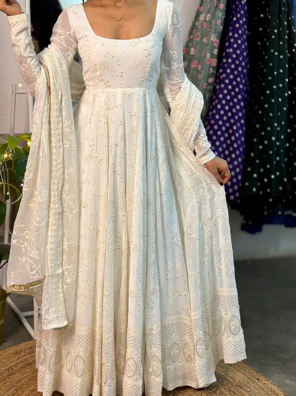 Trendy White Slim Georgette Sequins Work Anarkali Suit - Image 3