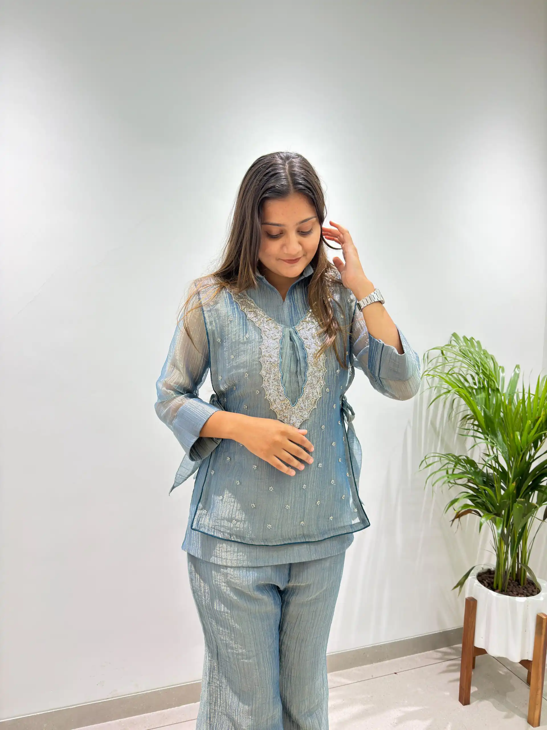 Unique Blue Salsa Silk Hand Work Kurti - Image 3