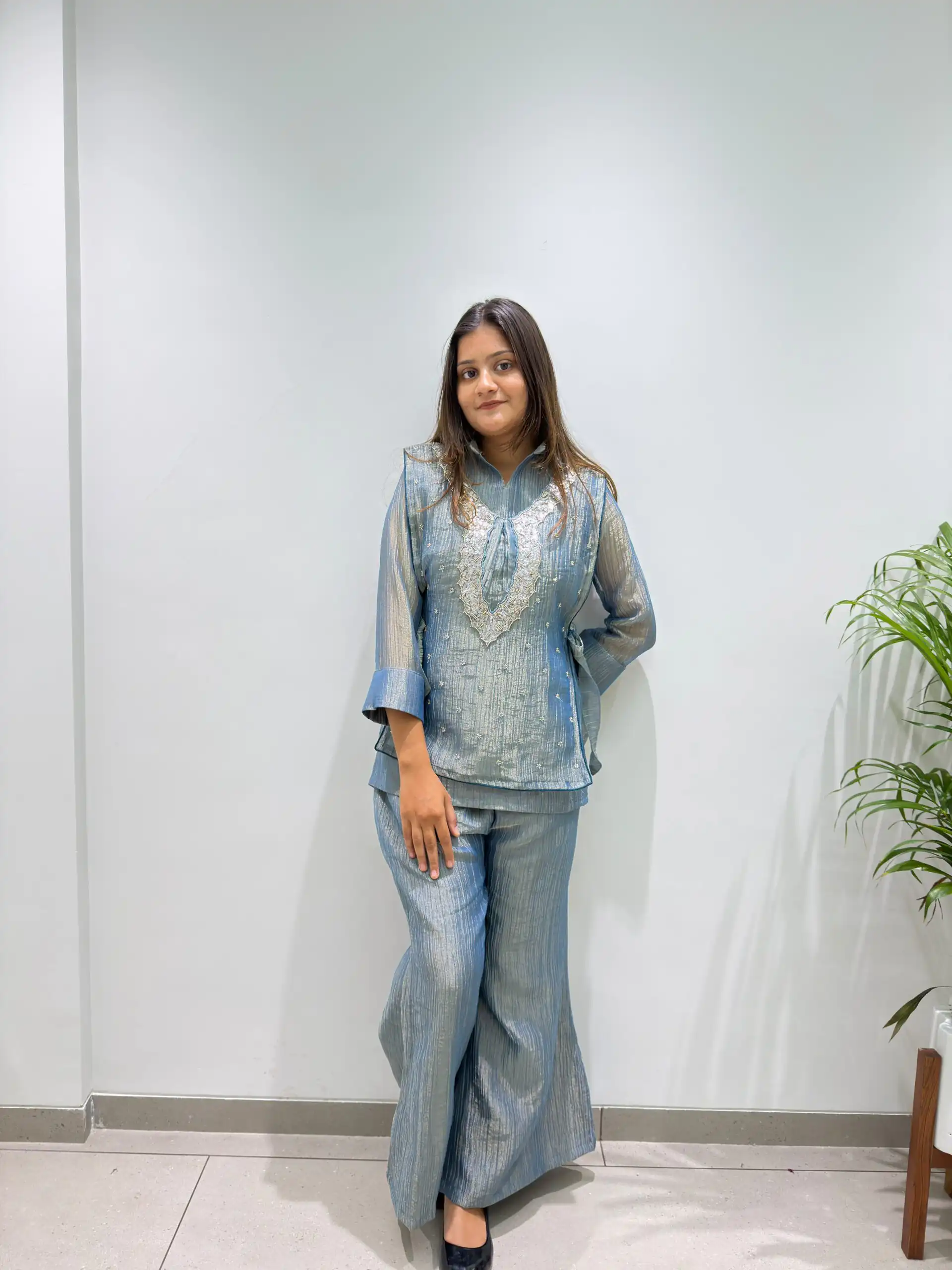 Unique Blue Salsa Silk Hand Work Kurti - Image 2