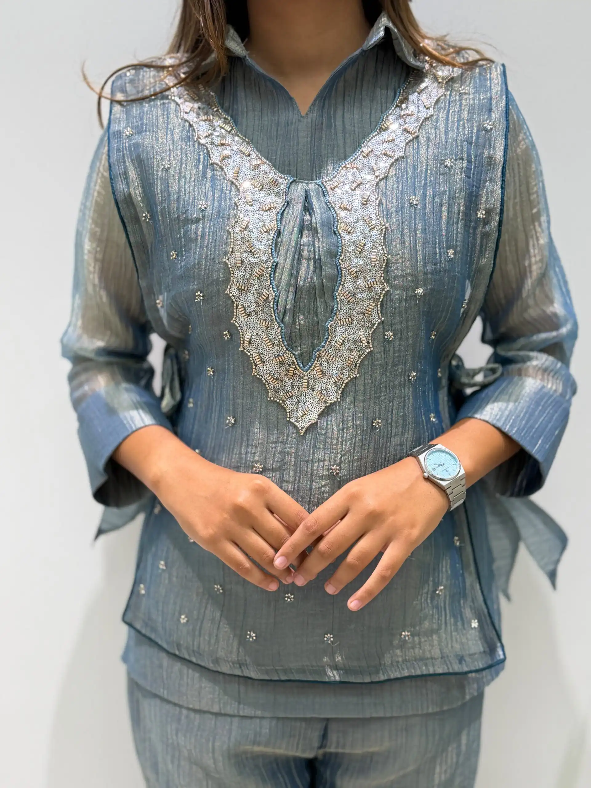 Unique Blue Salsa Silk Hand Work Kurti - Image 5