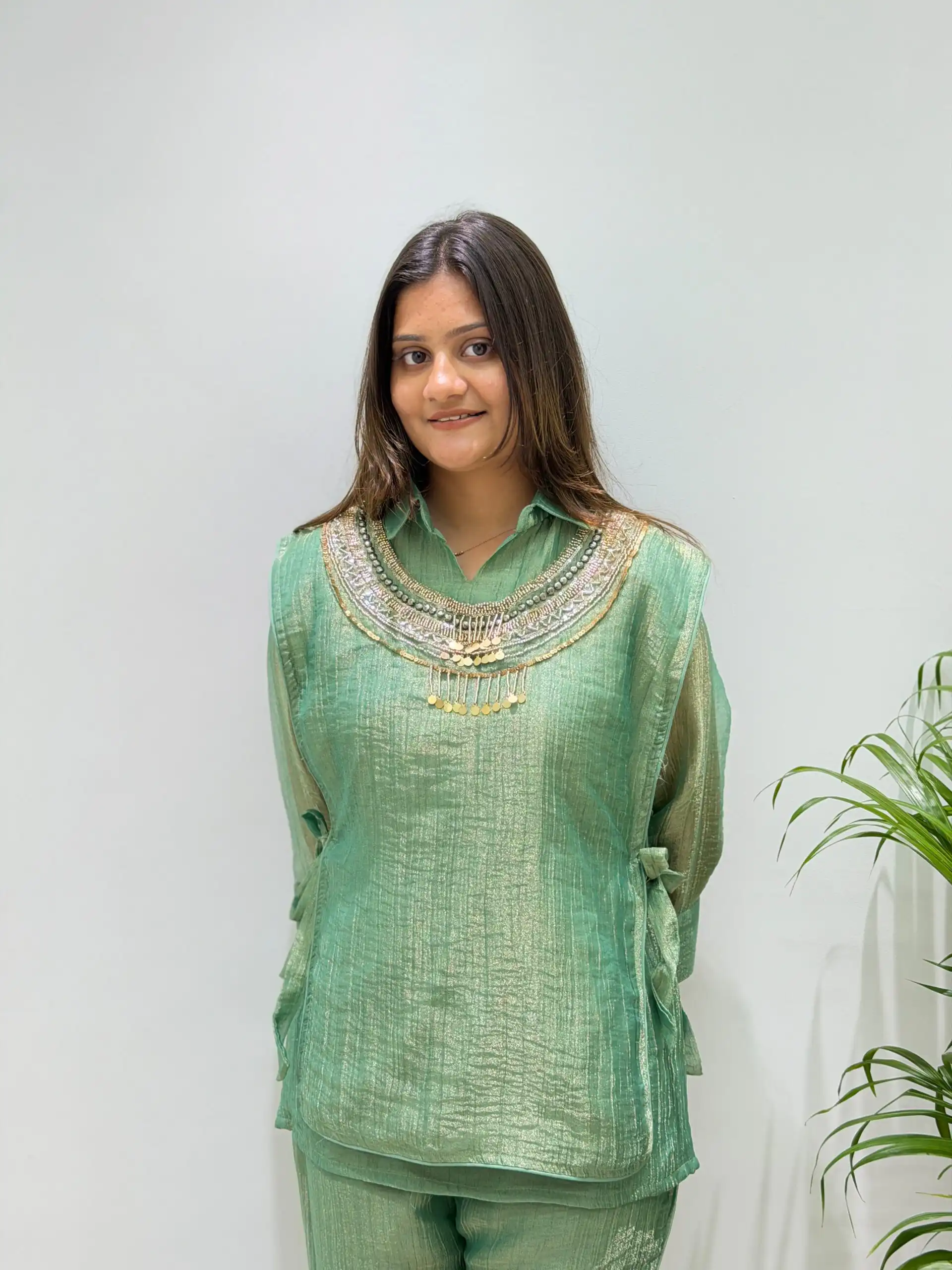 Unique Pista Salsa Silk Hand Work Kurti - Image 3