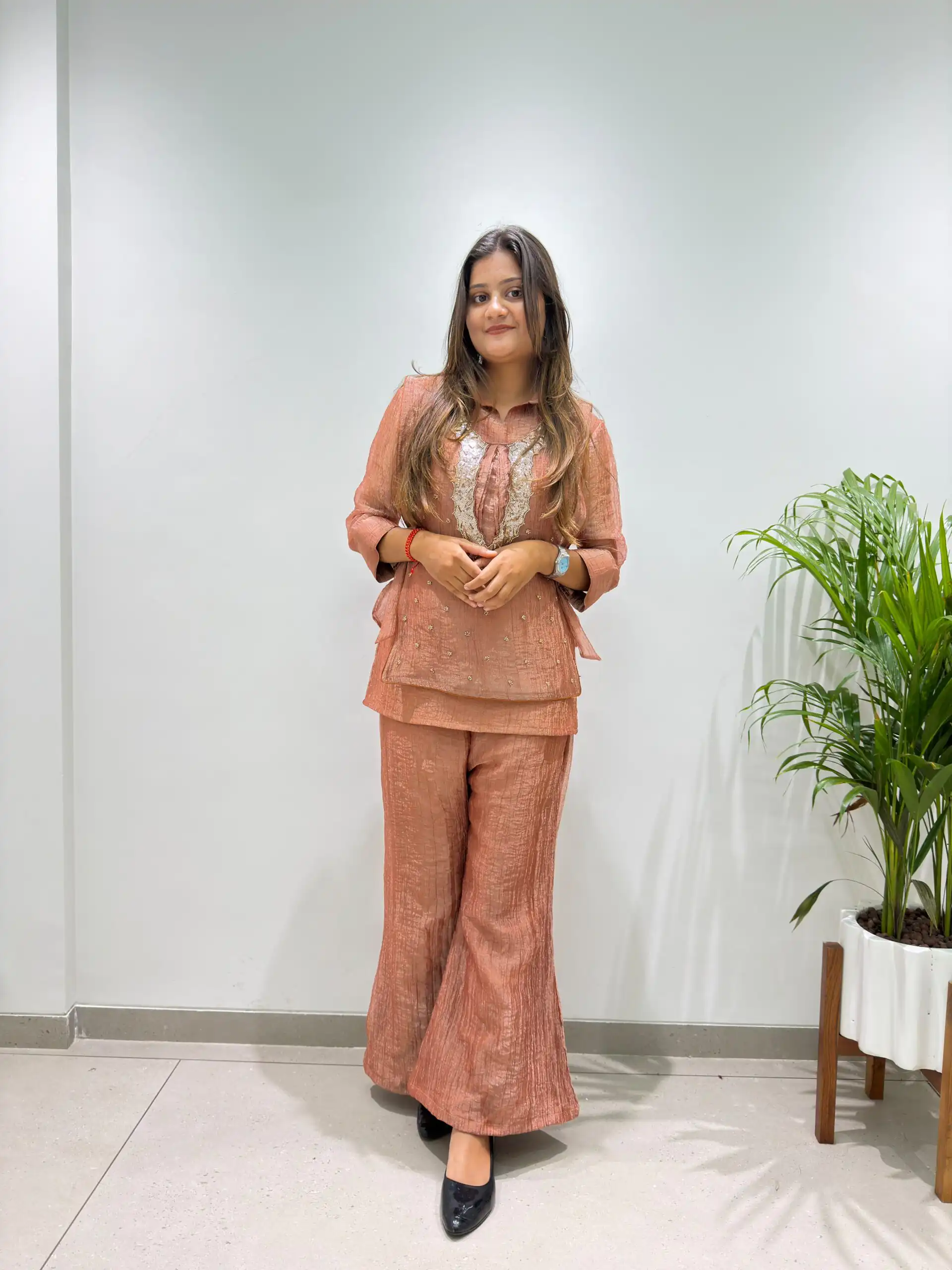Unique Rust Salsa Silk Hand Work Kurti