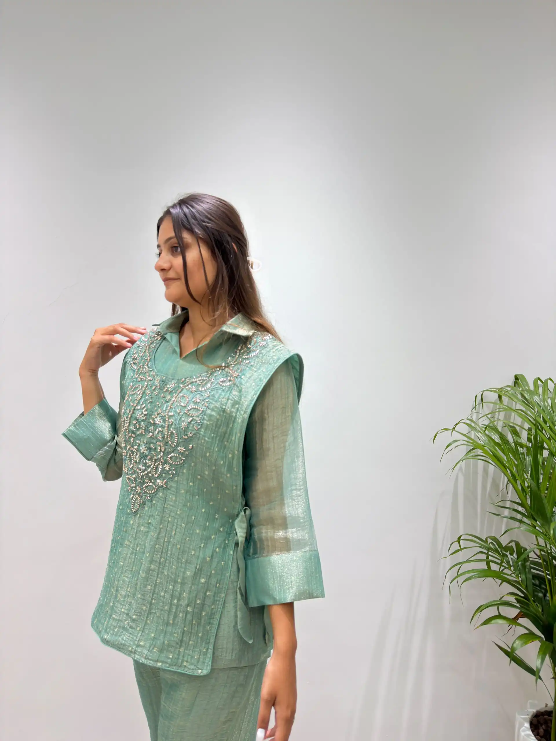 Unique Sea Green Salsa Silk Hand Work Kurti - Image 2