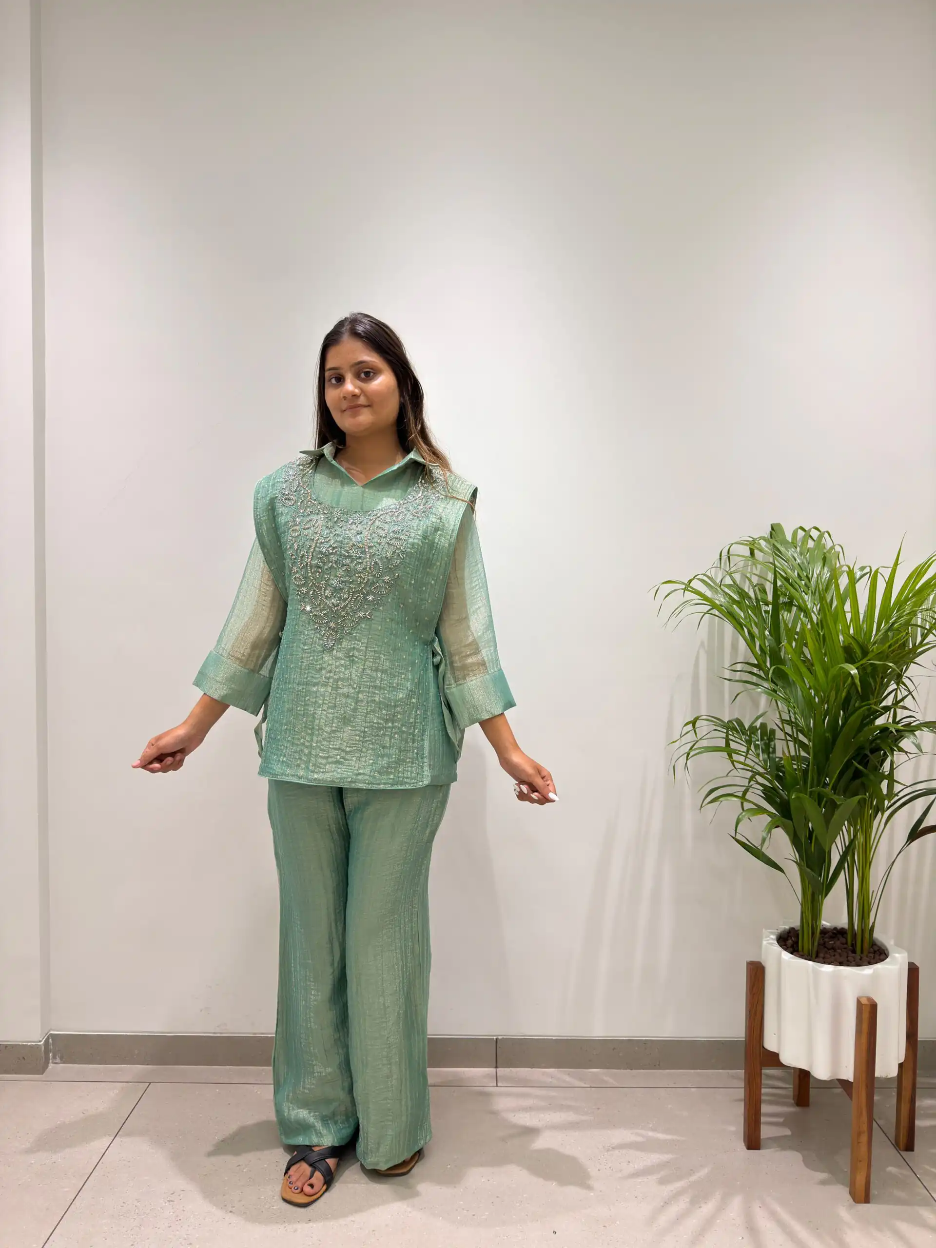 Unique Sea Green Salsa Silk Hand Work Kurti - Image 5