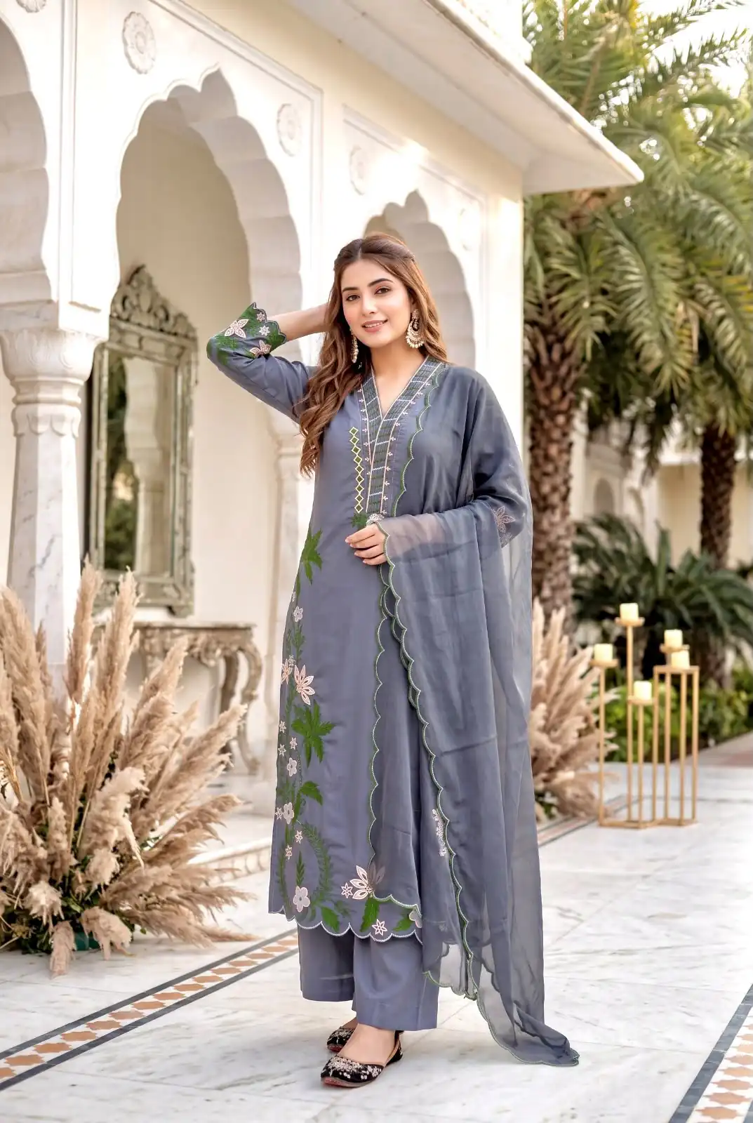 Aglow Grey Roman Silk Embroidery Work Salwar Suit - Image 2