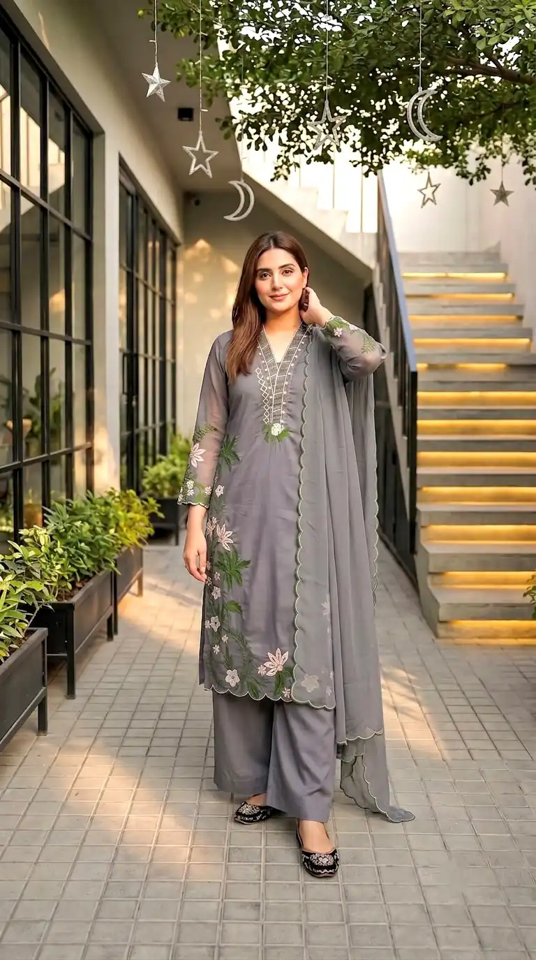 Aglow Grey Roman Silk Embroidery Work Salwar Suit - Image 3