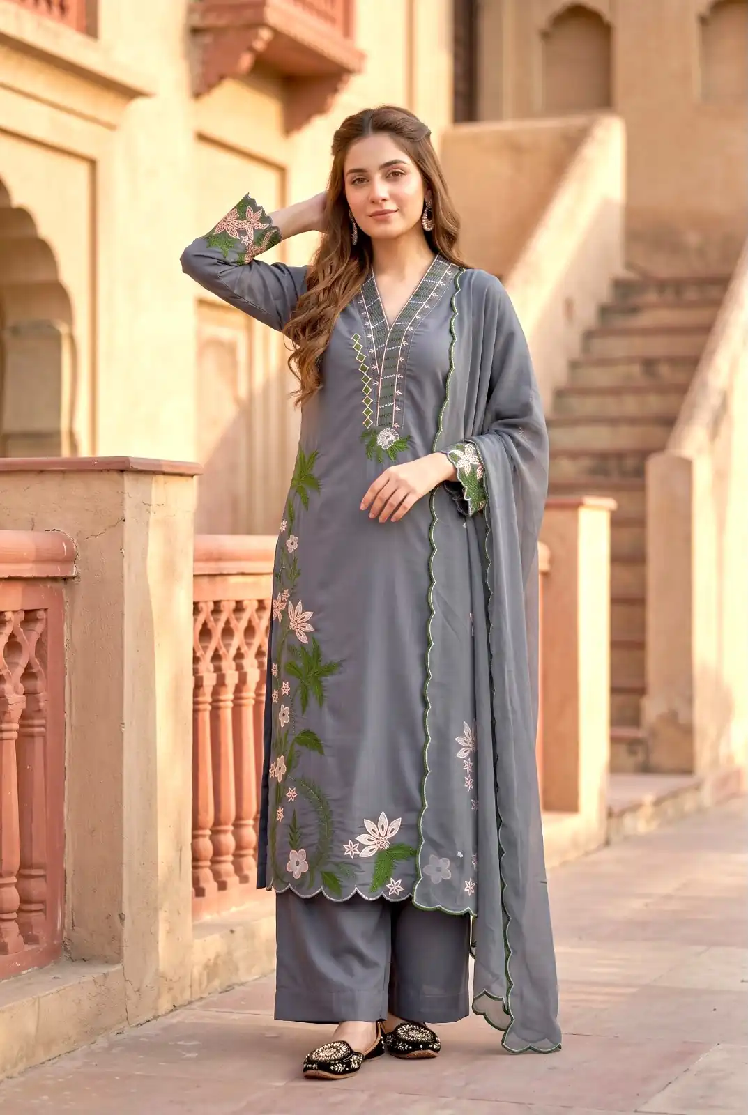 Aglow Grey Roman Silk Embroidery Work Salwar Suit - Image 4