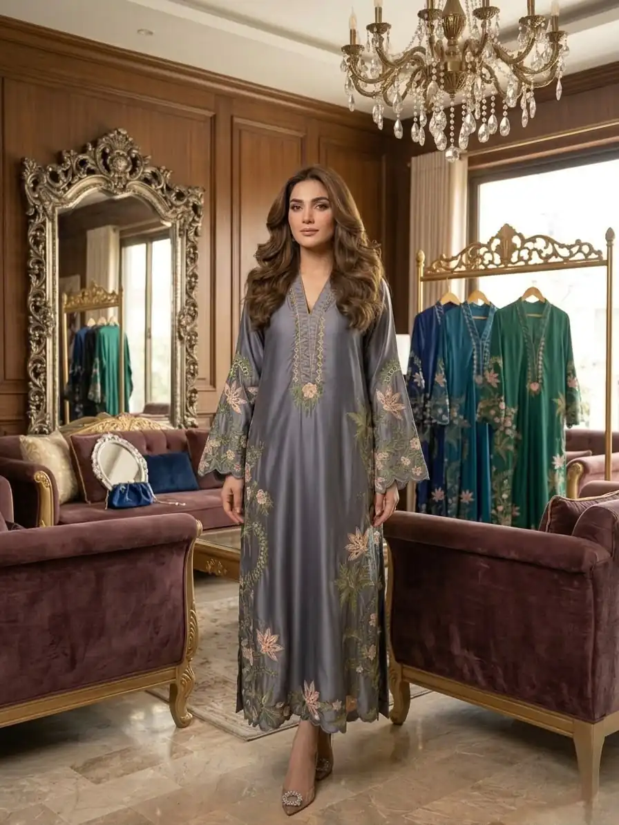 Aglow Grey Roman Silk Embroidery Work Salwar Suit