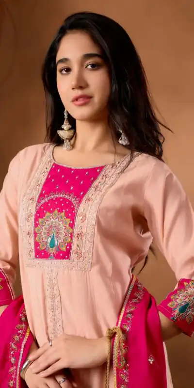 DIVA 150 Peach Roman Silk Salwar Suit with Sequins Work & Embroidery Work. Available at ₹2449 only. Delivery 4-6 Working Days. Shop now. | Jump Suits, Salwar suit, Casual Suits, Creative suits, Designer Suits, Palazzo Suits, Party Wear Suits, Patiala Suits, Straight Suits