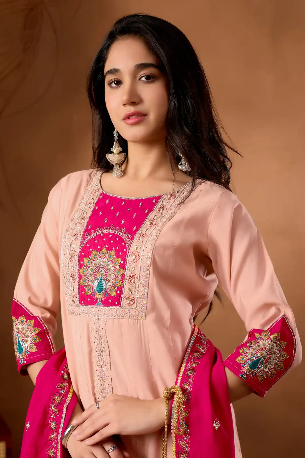 DIVA 150 Peach Roman Silk Salwar Suit with Sequins Work & Embroidery Work. Available at ₹2449 only. Delivery 4-6 Working Days. Shop now. | Jump Suits, Salwar suit, Casual Suits, Creative suits, Designer Suits, Palazzo Suits, Party Wear Suits, Patiala Suits, Straight Suits