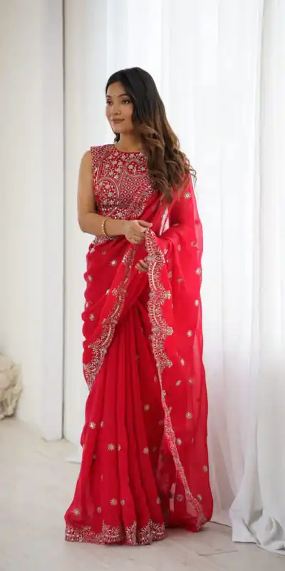 SP 88 Red Red Fendy Chiffon Saree with Embroidery Work & Sequins Work. Special Price ₹2149. Delivery 4-6 Working Days. Shop now. | Designer Sarees, Modern Digital sarees, Sarees, Bollywood Sarees, Creative Sarees, Embroidered Sarees, Ethnic Saree, Party Wear Sarees