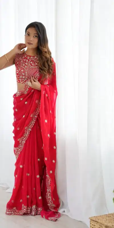 SP 88 Red Red Fendy Chiffon Saree with Embroidery Work & Sequins Work. Special Price ₹2149. Delivery 4-6 Working Days. Shop now. | Designer Sarees, Modern Digital sarees, Sarees, Bollywood Sarees, Creative Sarees, Embroidered Sarees, Ethnic Saree, Party Wear Sarees