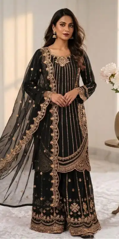 VLM 331 Black Faux Georgette Salwar Suit erfect for Wedding, Party, Mehendi, Pongal, Reception – . Available at ₹2449 only. Delivery 4-6 Working Days | Jump Suits, Salwar suit, Casual Suits, Creative suits, Designer Suits, Palazzo Suits, Party Wear Suits, Patiala Suits, Straight Suits