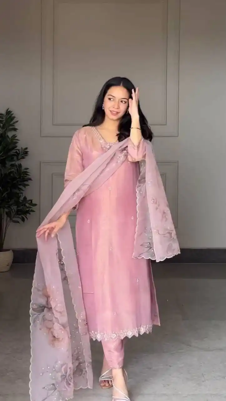 Classic Pink Natural Crap Sequence Work Salwar Suit