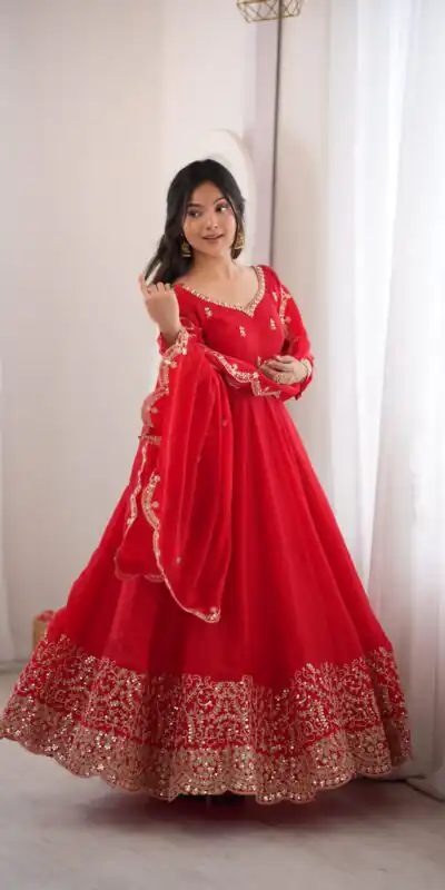 ZSR 3185 Red Fendy Silk Gown with Embroidery Work & Sequins Work. Special Price ₹2399. Delivery 4-6 Working Days. Shop now. | Gowns, Bollywood Gowns, Creative Gowns, Designer Gowns, Embroidered Gowns, Party Wear Gowns
